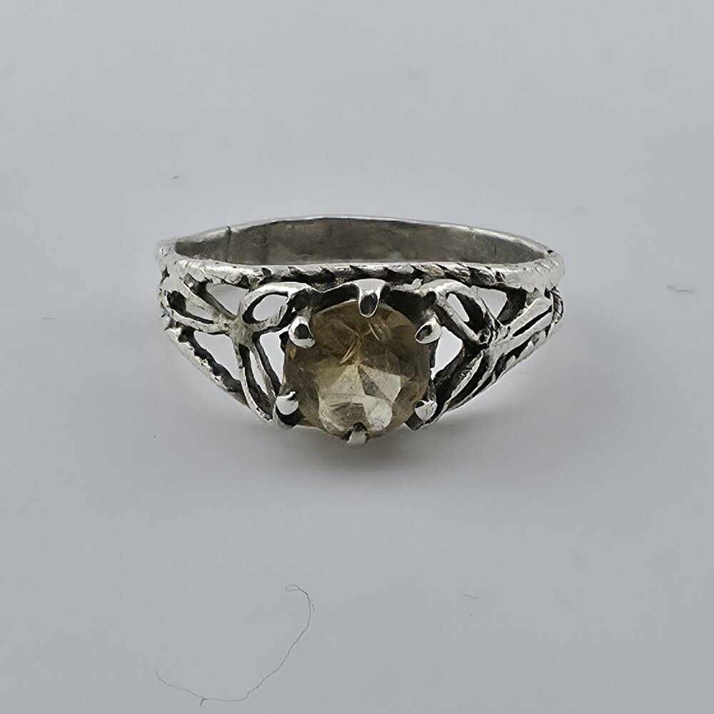 Sterling Silver Ring Yellow Stone Open Work Filigree Vintage 925 Size 6